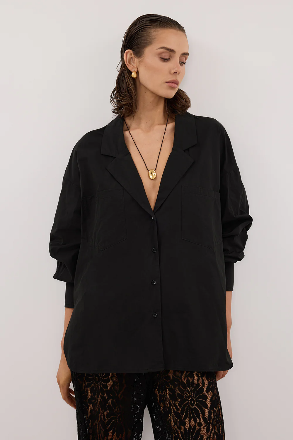 IRENE BLACK LONG SLEEVE NOTCH COLLAR SHIRT - Yukikoi