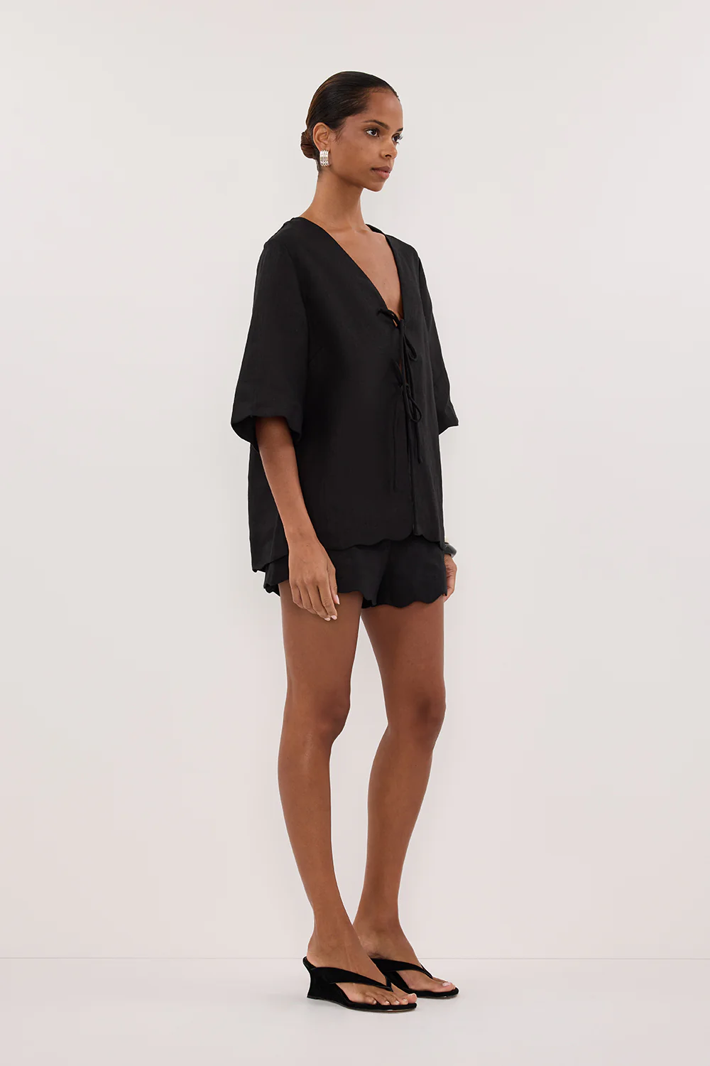 LELA BLACK SHORT SLEEVE LINEN SHIRT - Yukikoi