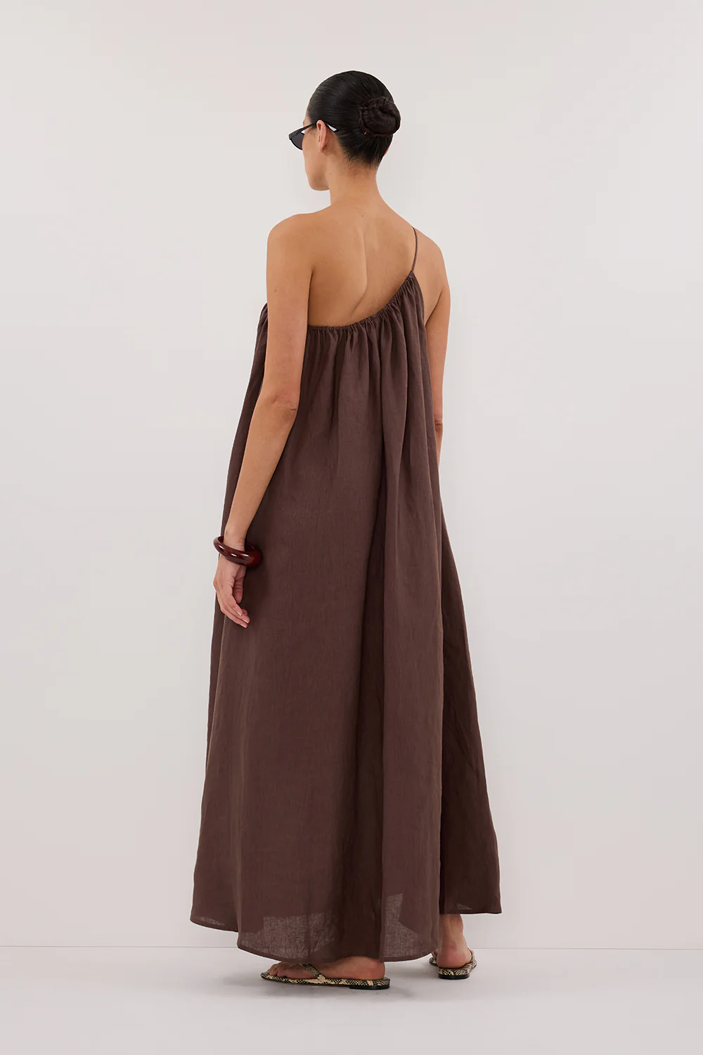 ALMA BITTER CHOC ASYM LINEN MIDI DRESS - Yukikoi