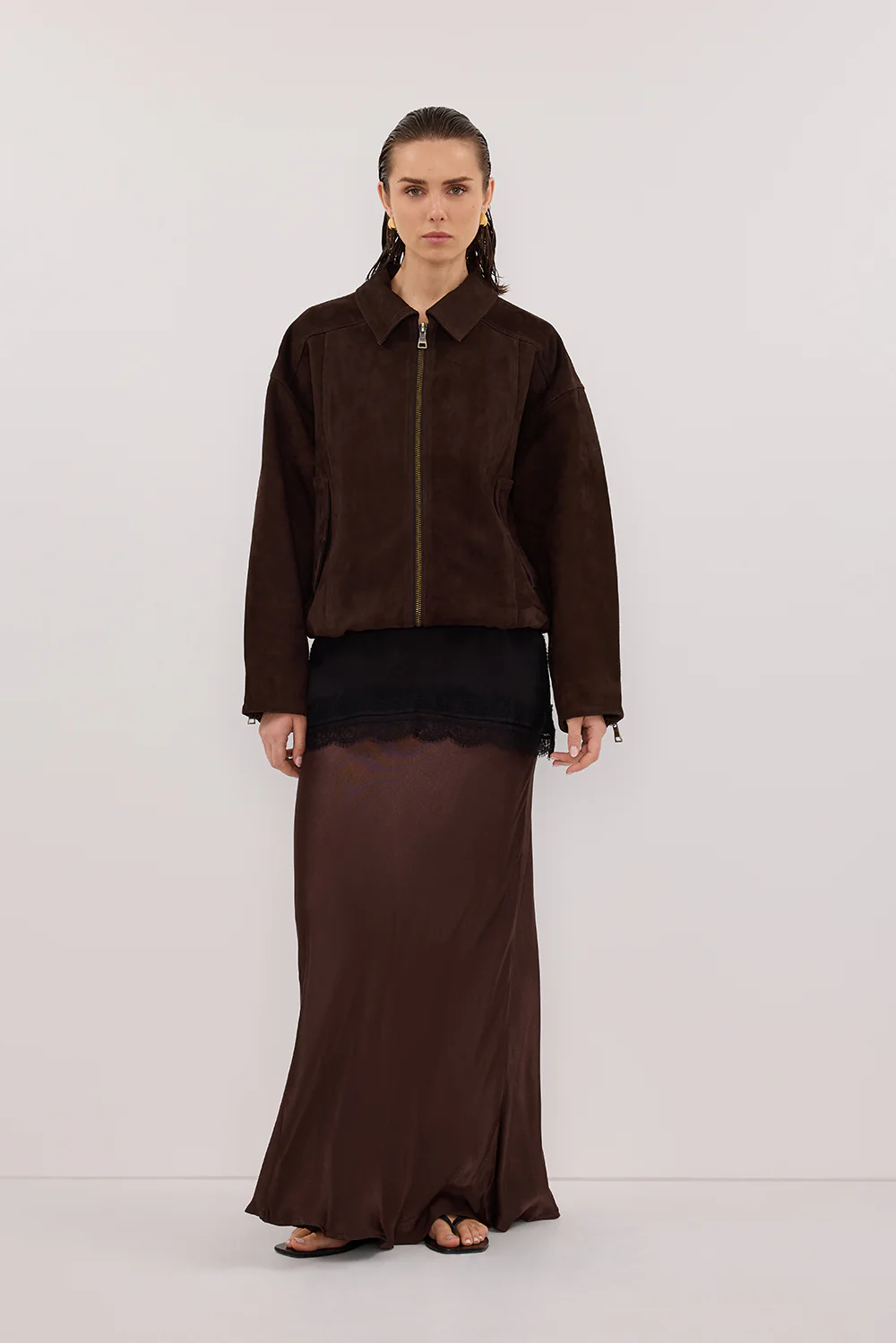 CHARLI BITTER CHOC SATIN MAXI SKIRT - Yukikoi