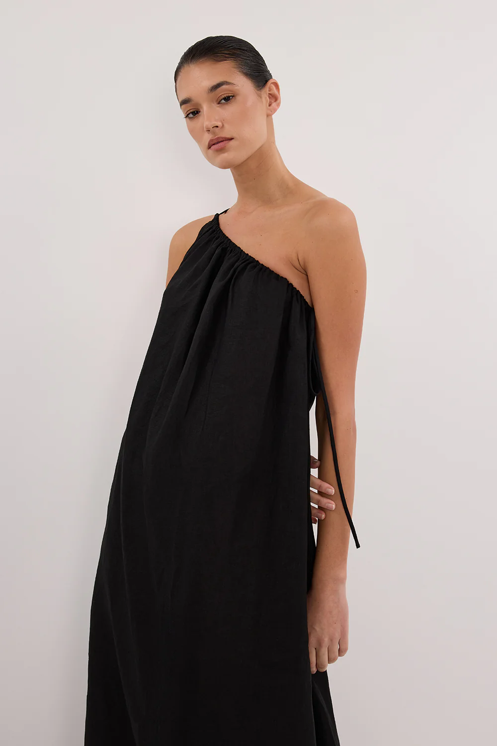 ALMA BLACK ASYM LINEN MIDI DRESS - Yukikoi