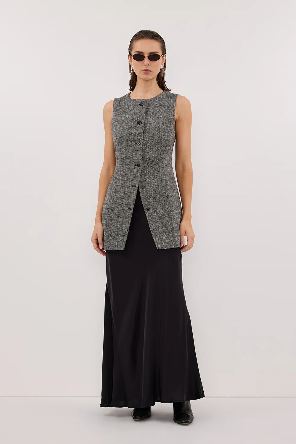 MANHATTAN CHARCOAL TWEED TUNIC VEST - Yukikoi