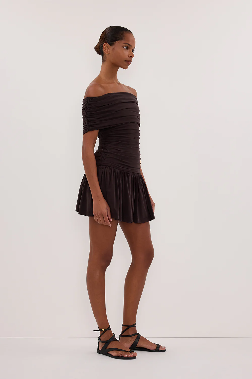 FEZ BURNT CHOC OFF SHOULDER MINI DRESS - Yukikoi