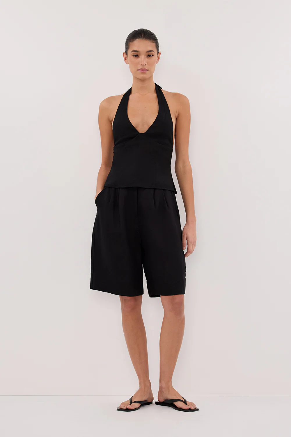 AUDREY BLACK LINEN HALTER TOP - Yukikoi