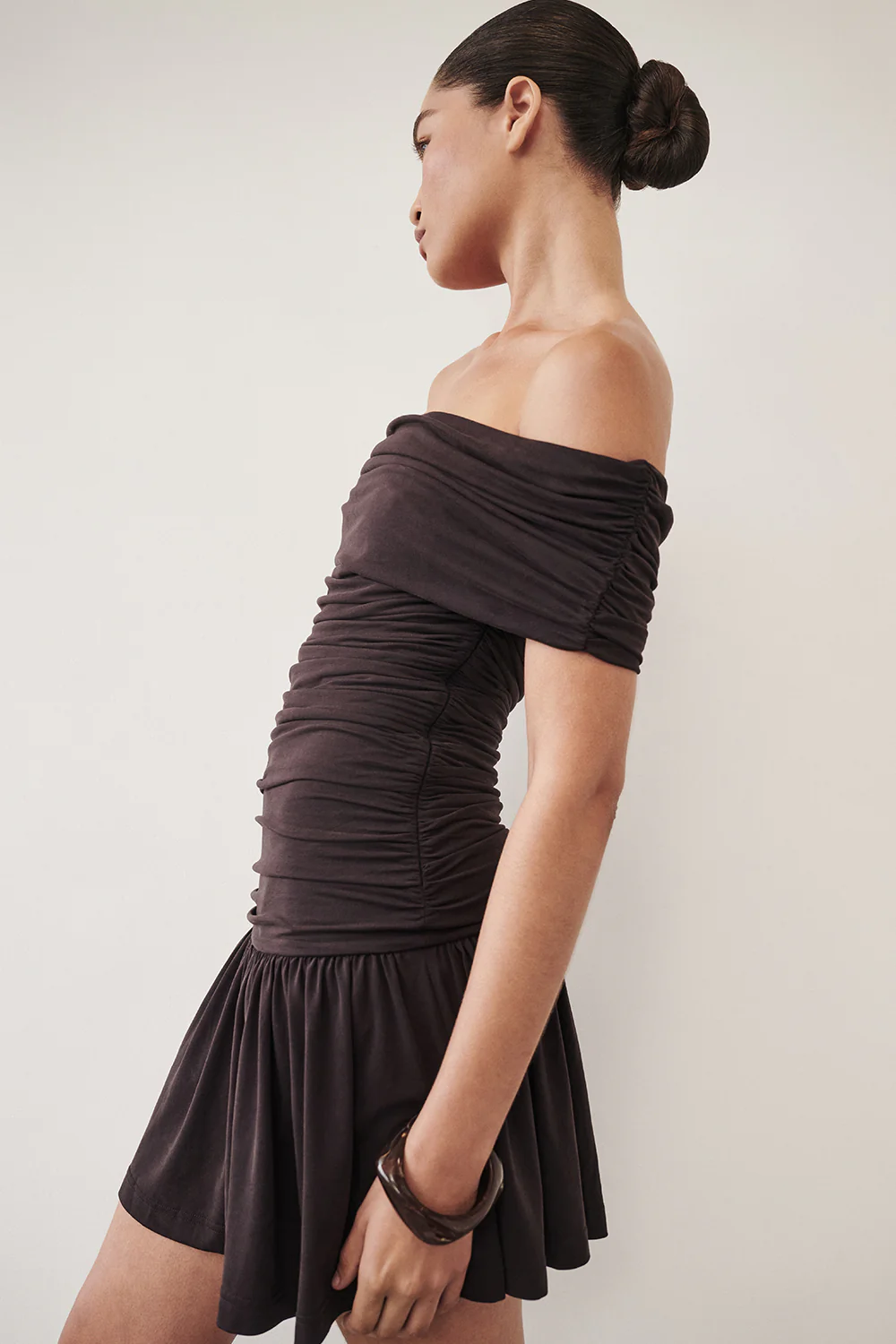 FEZ BURNT CHOC OFF SHOULDER MINI DRESS - Yukikoi