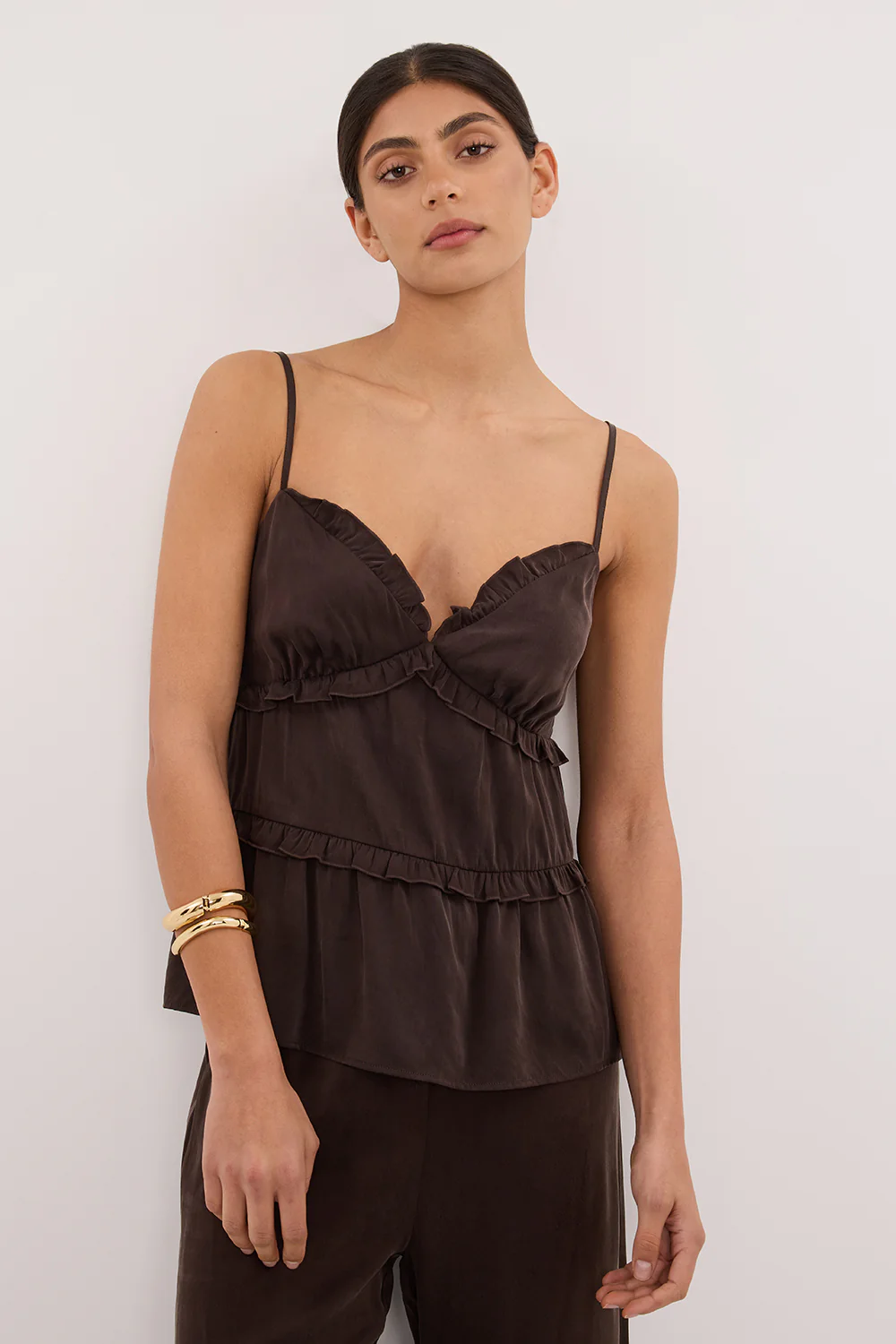 LENA BITTER CHOC SILK SLEEVELESS FRILL TOP - Yukikoi