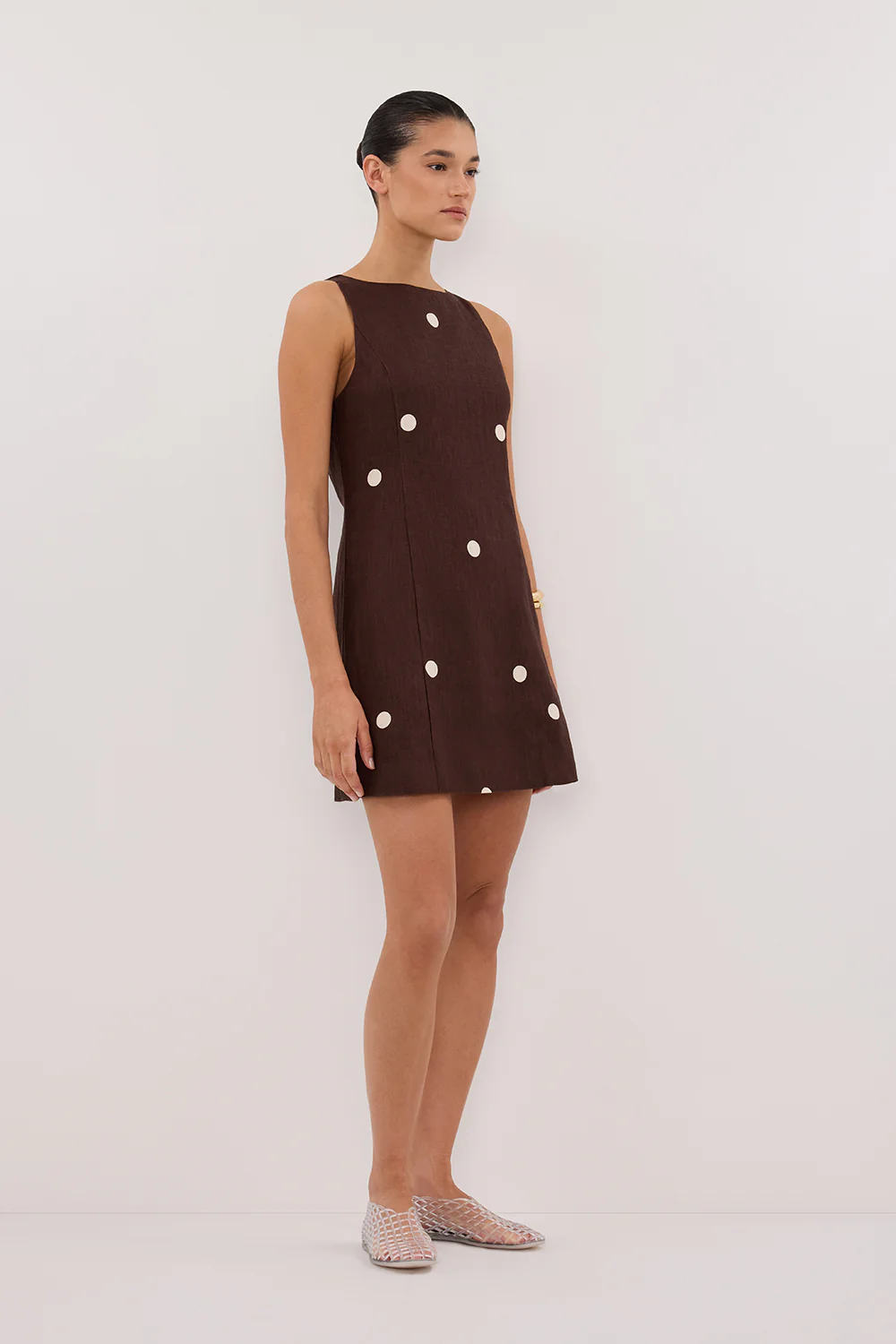 BEVERLY BITTER CHOC SPOT LINEN MINI DRESS - Yukikoi