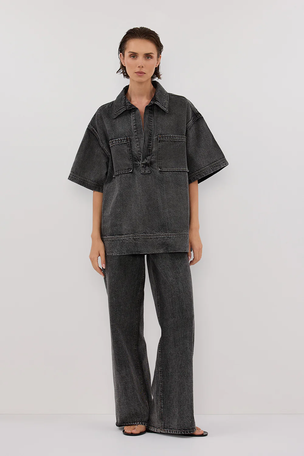 MASON WASHED BLACK BOXY DENIM SHIRT - Yukikoi
