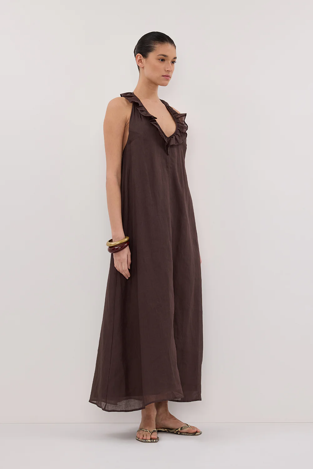 HAZEL DARK CHOC RAMIE SLEEVELESS MIDI DRESS - Yukikoi