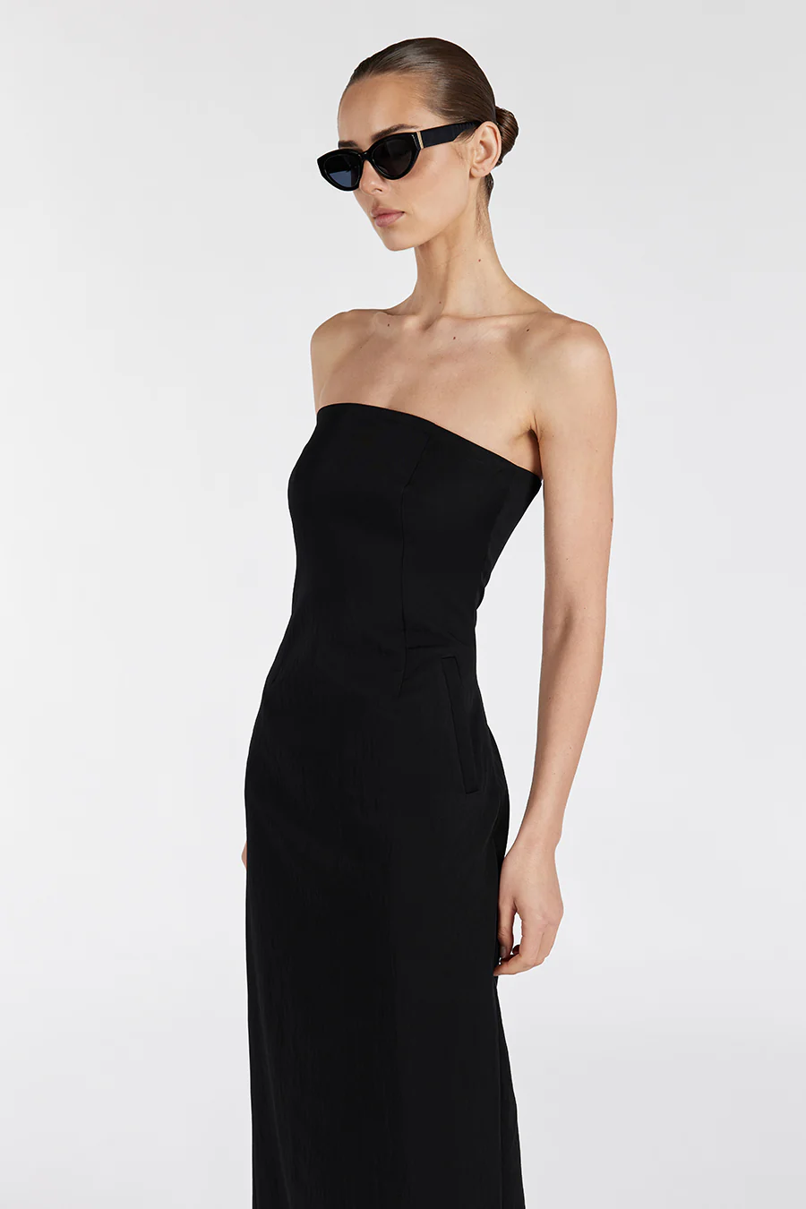OPAL BLACK STRAPLESS MIDI DRESS - Yukikoi