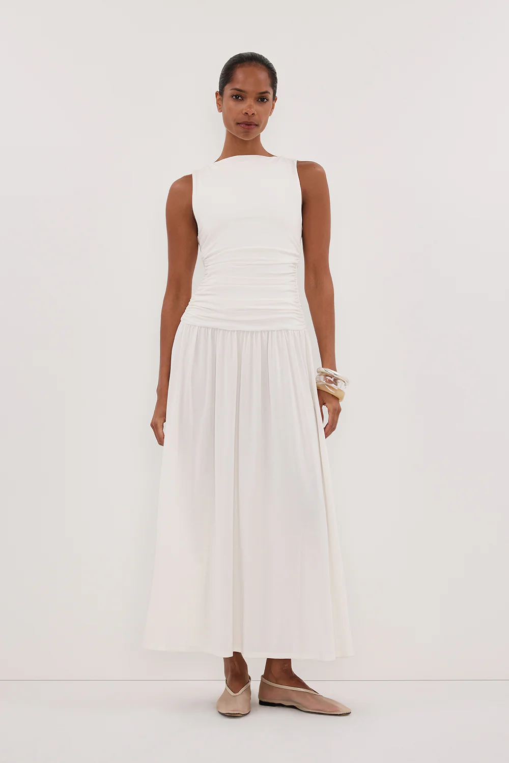 MEG OFF WHITE SLEEVELESS KNIT MIDI DRESS - Yukikoi