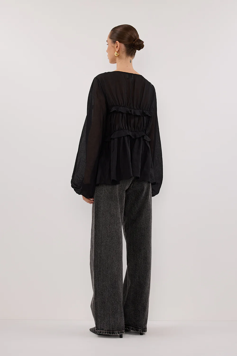 MILA BLACK RAMIE LONG SLEEVE FRILL TOP - Yukikoi