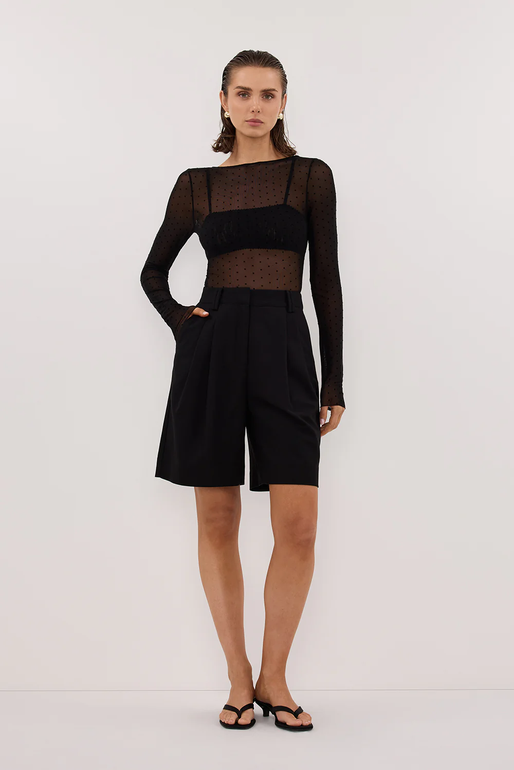 MAE BLACK MESH SPOT LONG SLEEVE TOP - Yukikoi