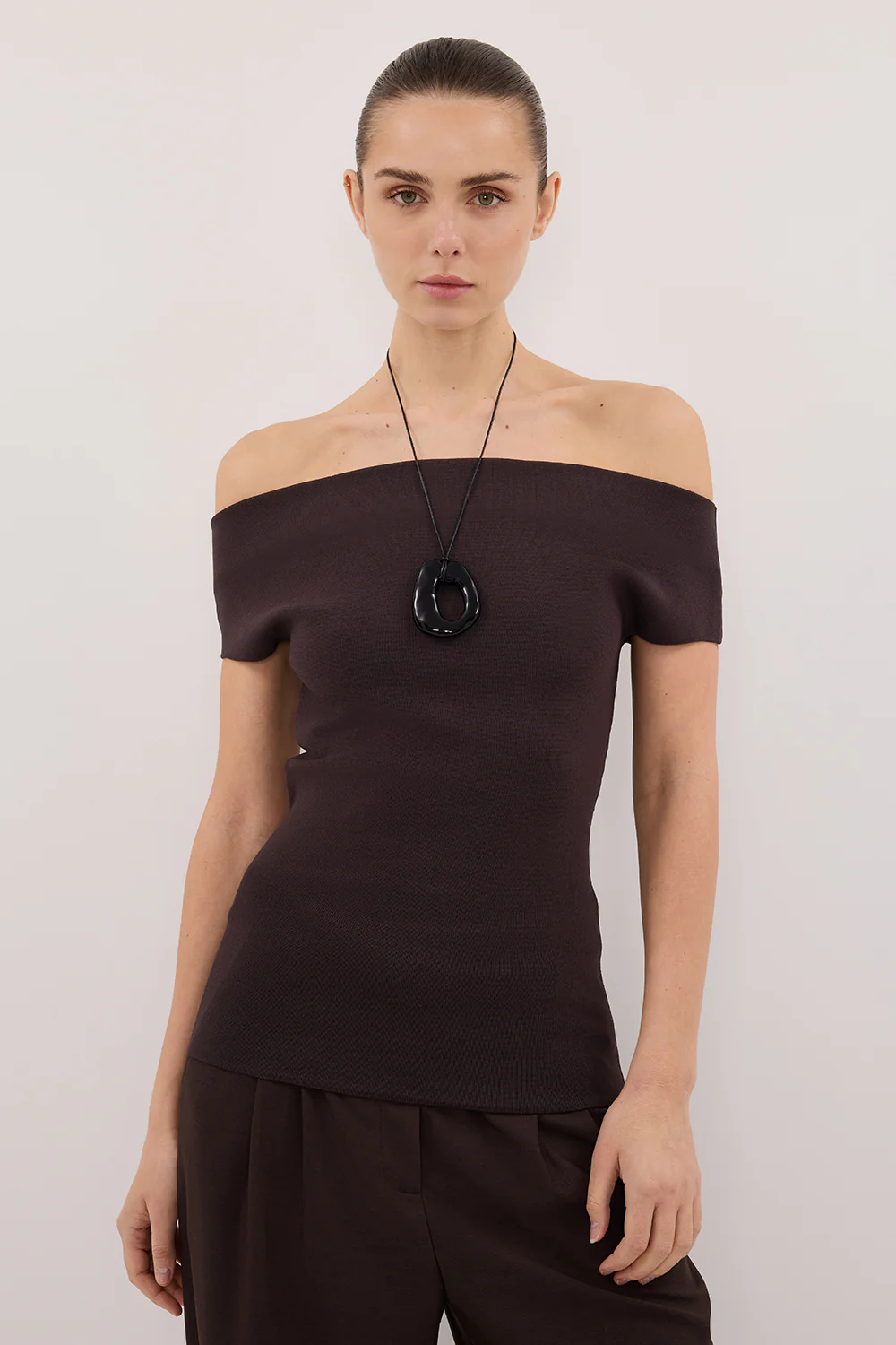 ASTRID BURNT CHOC OFF SHOULDER KNIT TOP - Yukikoi