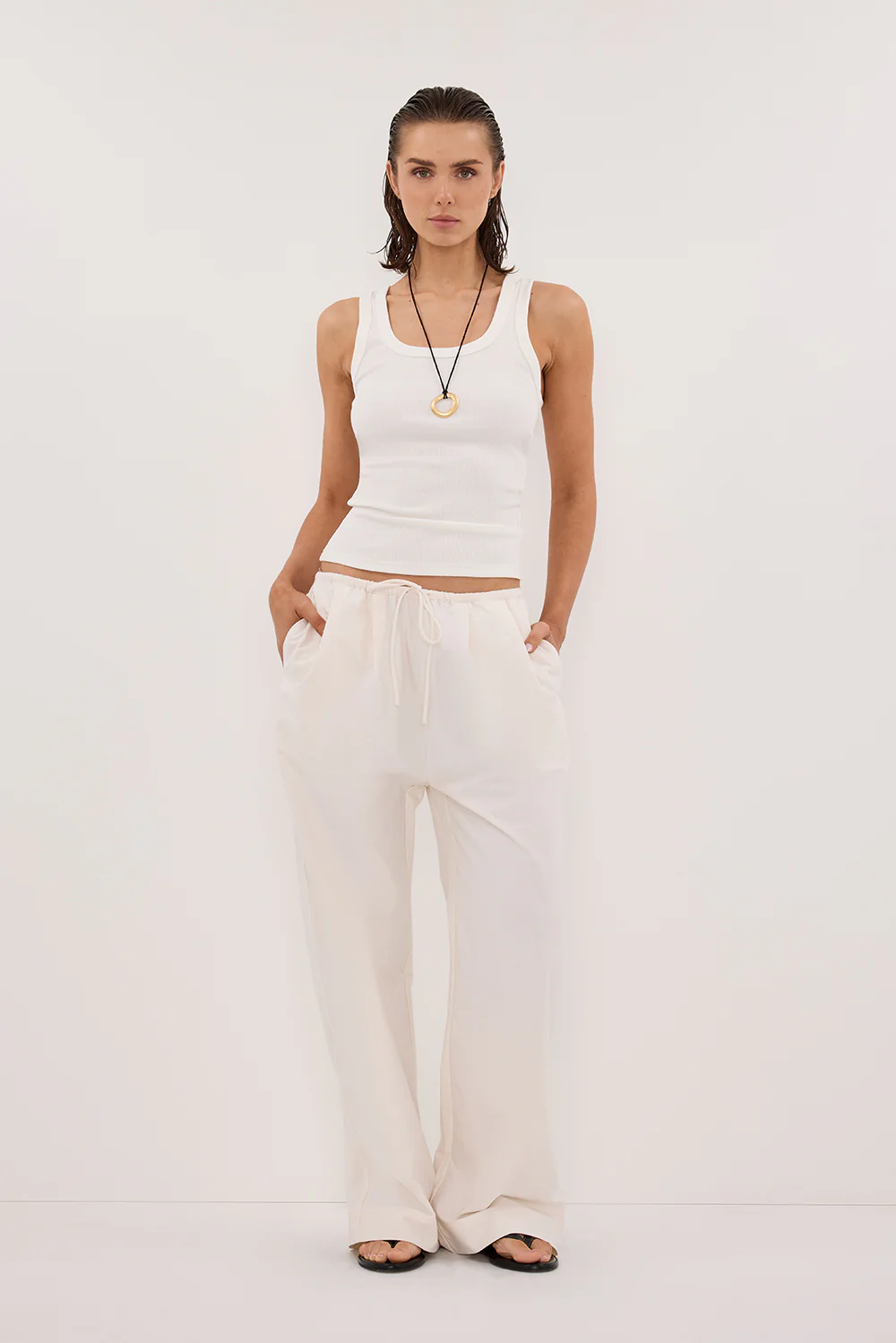 RHEA CREAM COTTON DRAWSTRING PANT - Yukikoi