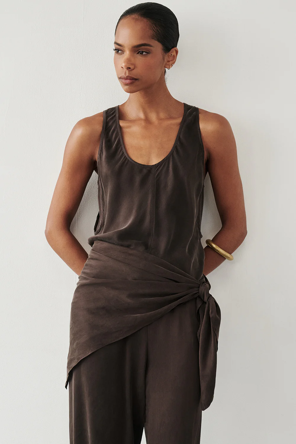 PERCY BITTER CHOC SILK SCARF TOP - Yukikoi