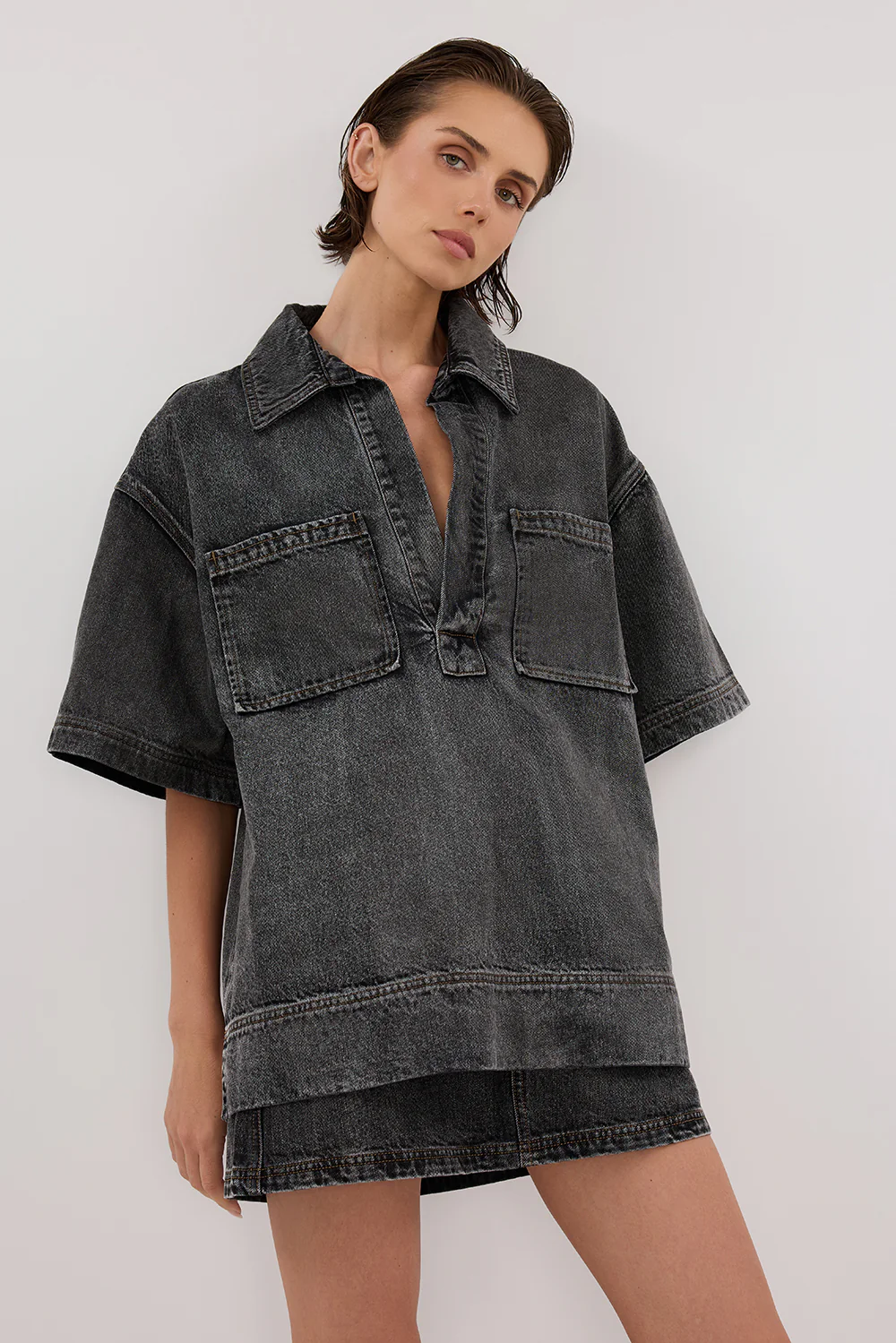 MASON WASHED BLACK BOXY DENIM SHIRT - Yukikoi