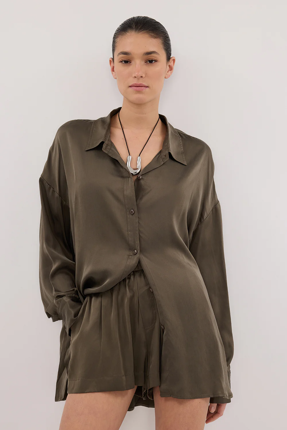 PERCY OLIVE SILK LONG SLEEVE SHIRT - Yukikoi