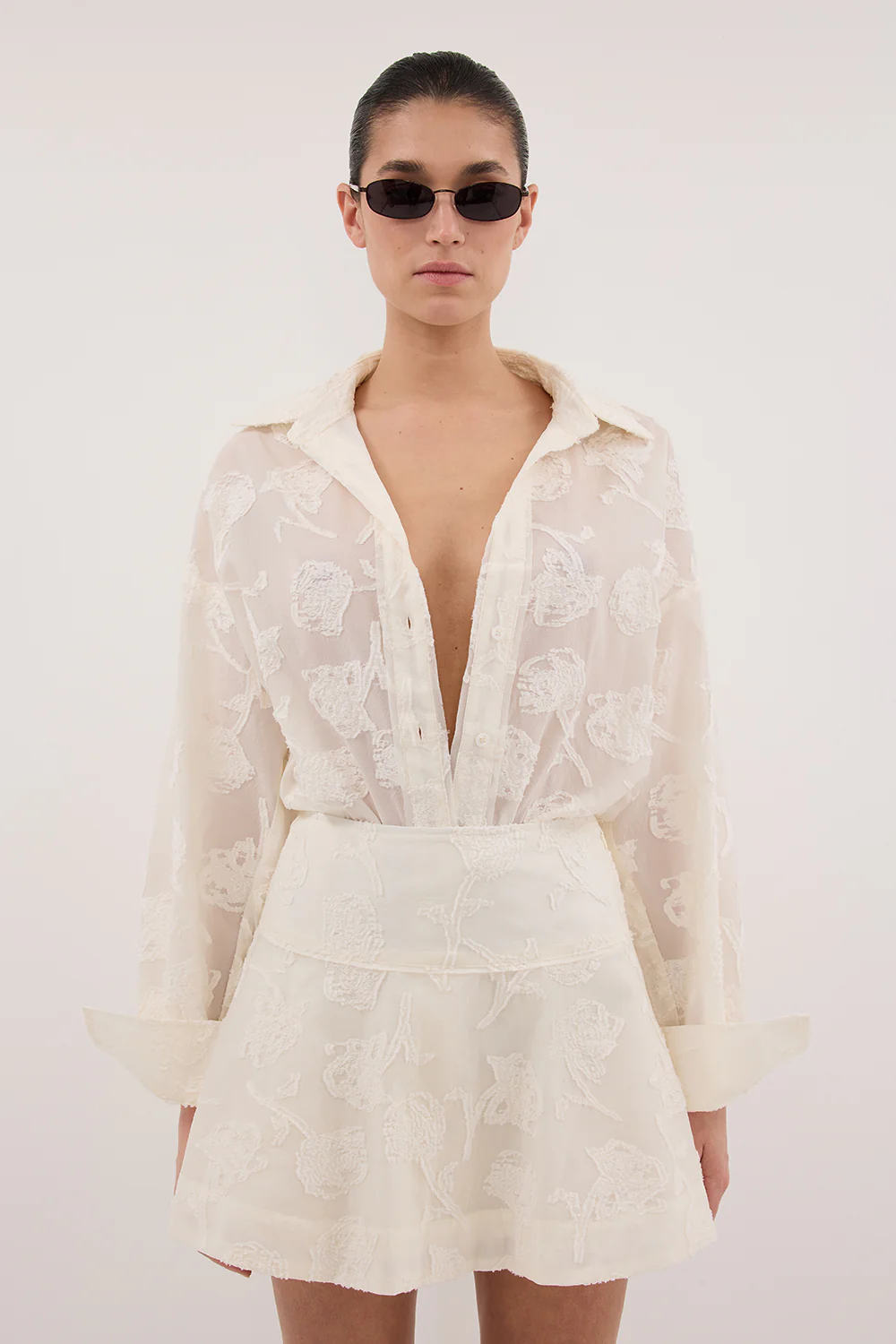 AZALEA OFF WHITE JACQUARD LONG SLEEVE SHIRT - Yukikoi