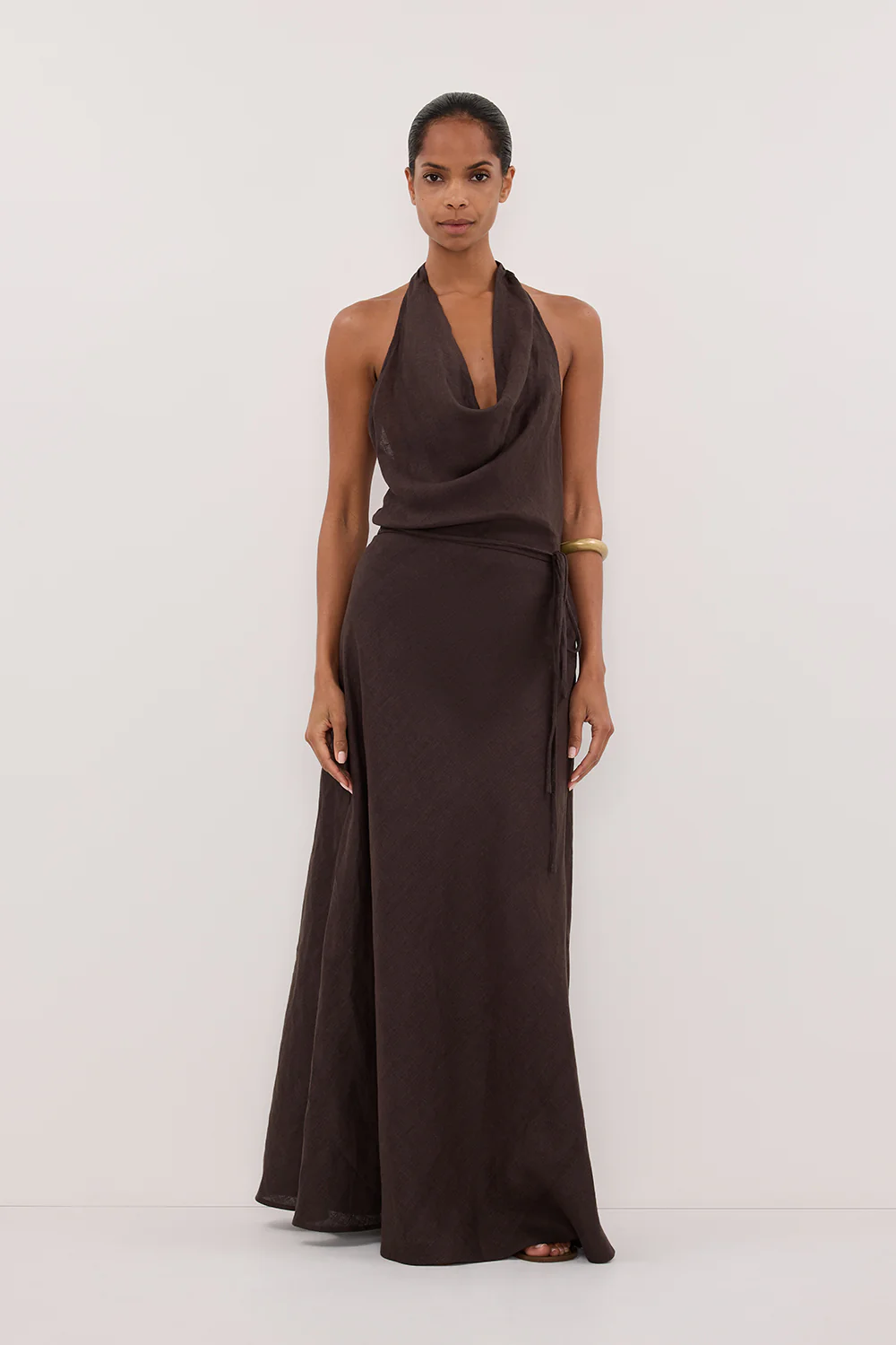 HAYLEE BURNT CHOC SLEEVELESS LINEN COWL DRESS - PRE ORDER - Yukikoi