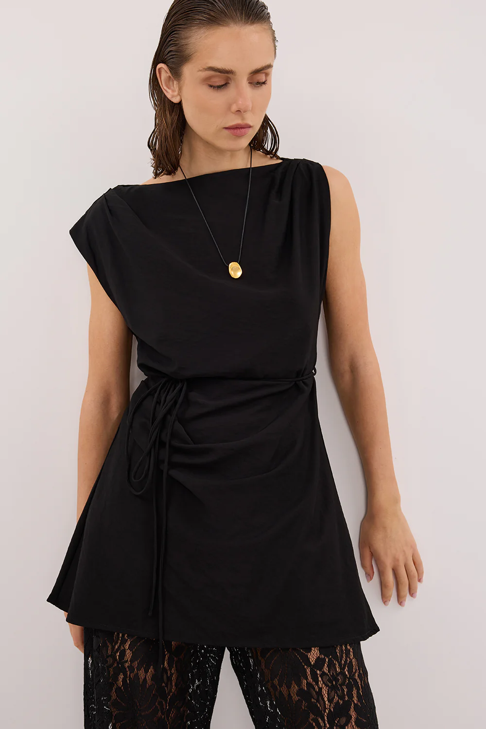 MARMO BLACK DRAPED MINI DRESS - Yukikoi