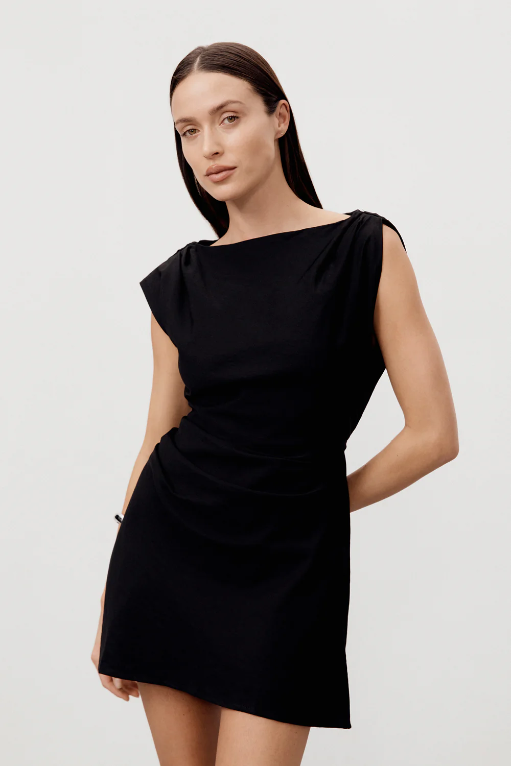 MARMO BLACK DRAPED MINI DRESS - Yukikoi