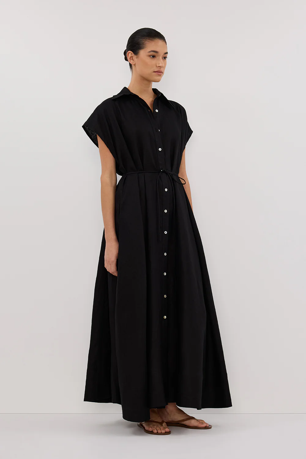 LANA BLACK LINEN MIDI SHIRT DRESS - Yukikoi