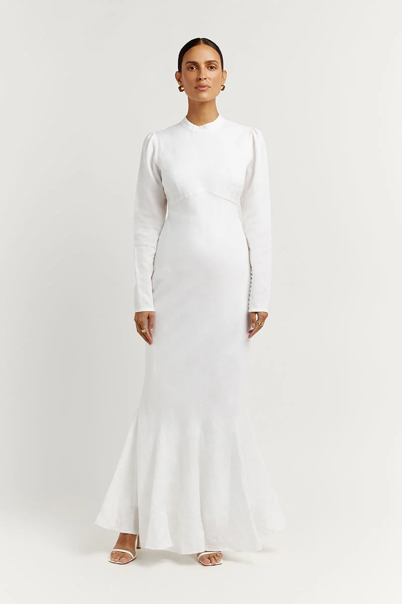 AISLE WHITE LINEN SLEEVE MIDI DRESS - Yukikoi