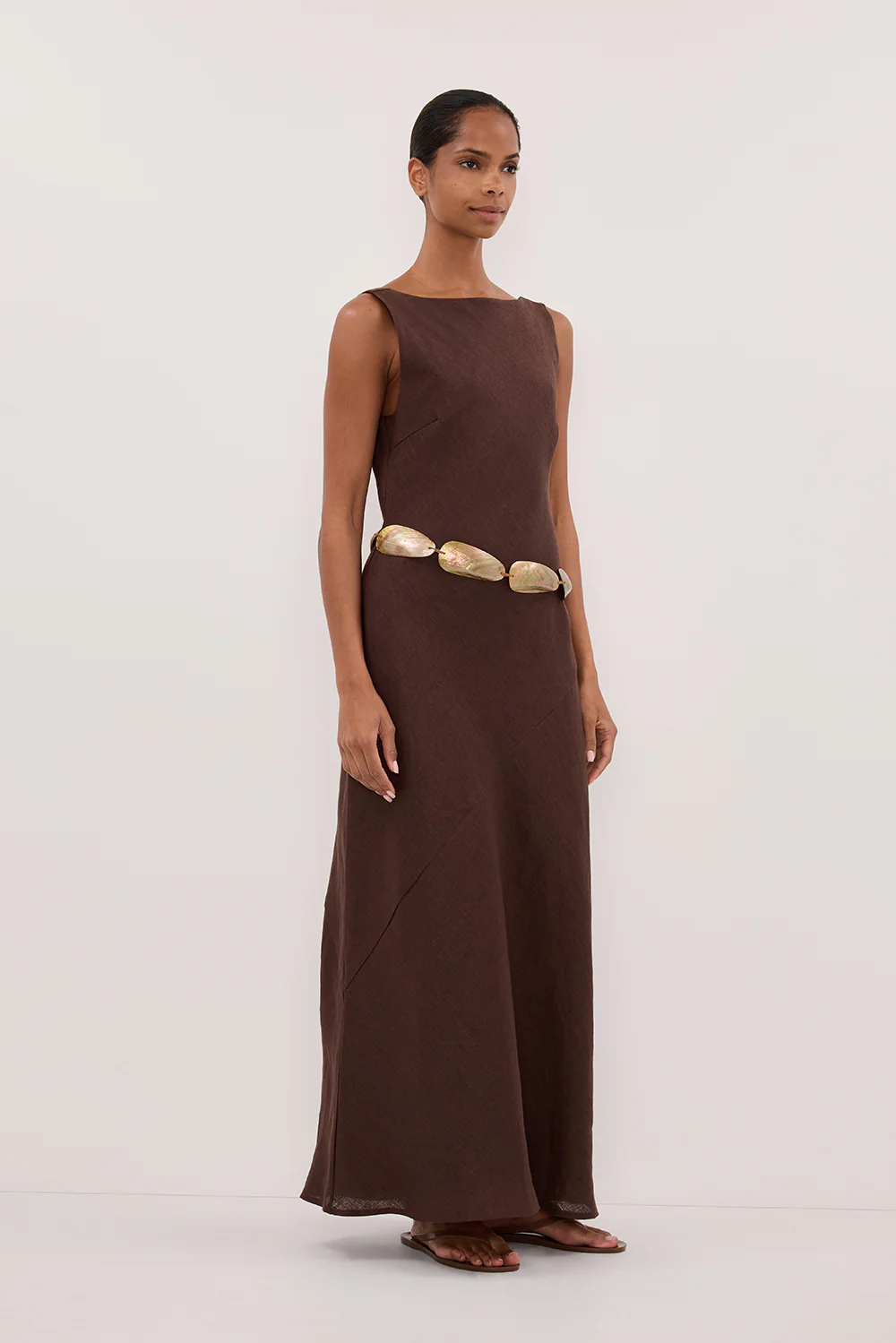 LACY COCOA SLEEVELESS LINEN MIDI DRESS - Yukikoi