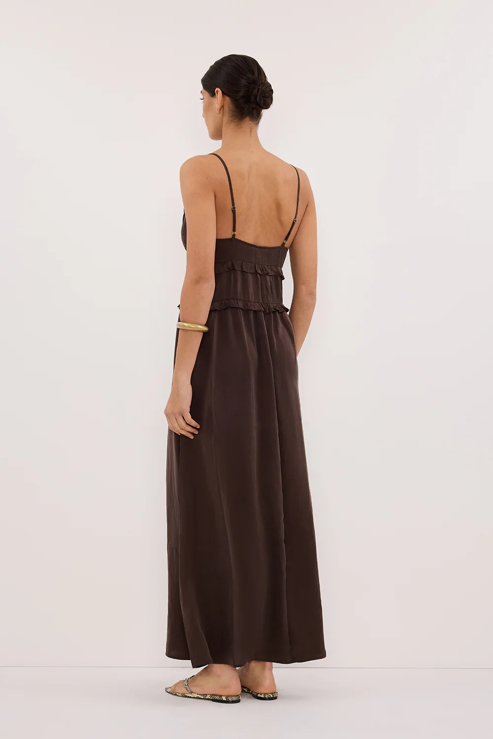 LENA BITTER CHOC SILK SLEEVELESS MAXI DRESS - Yukikoi