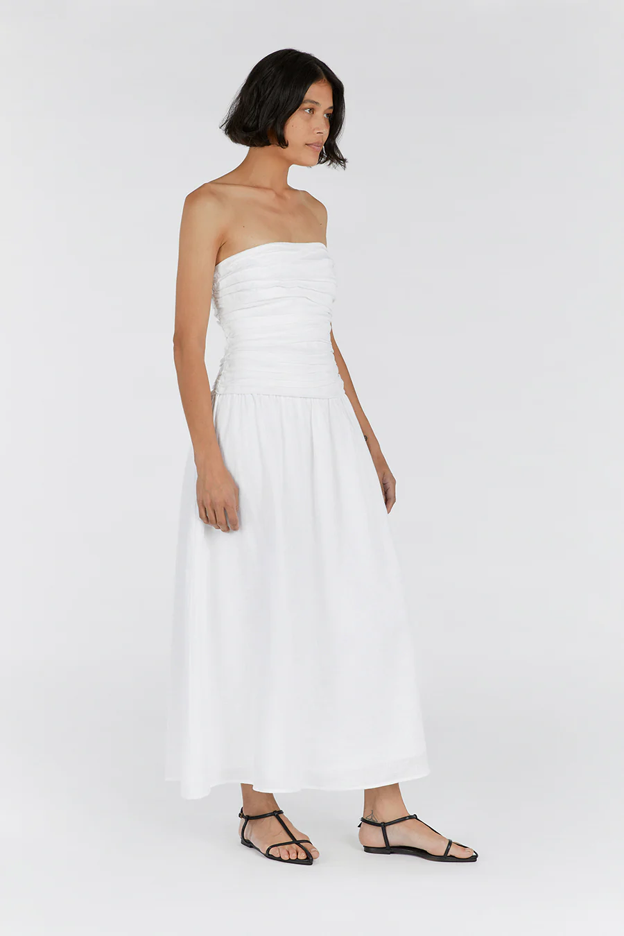 CATANIA WHITE LINEN STRAPLESS DRESS - Yukikoi