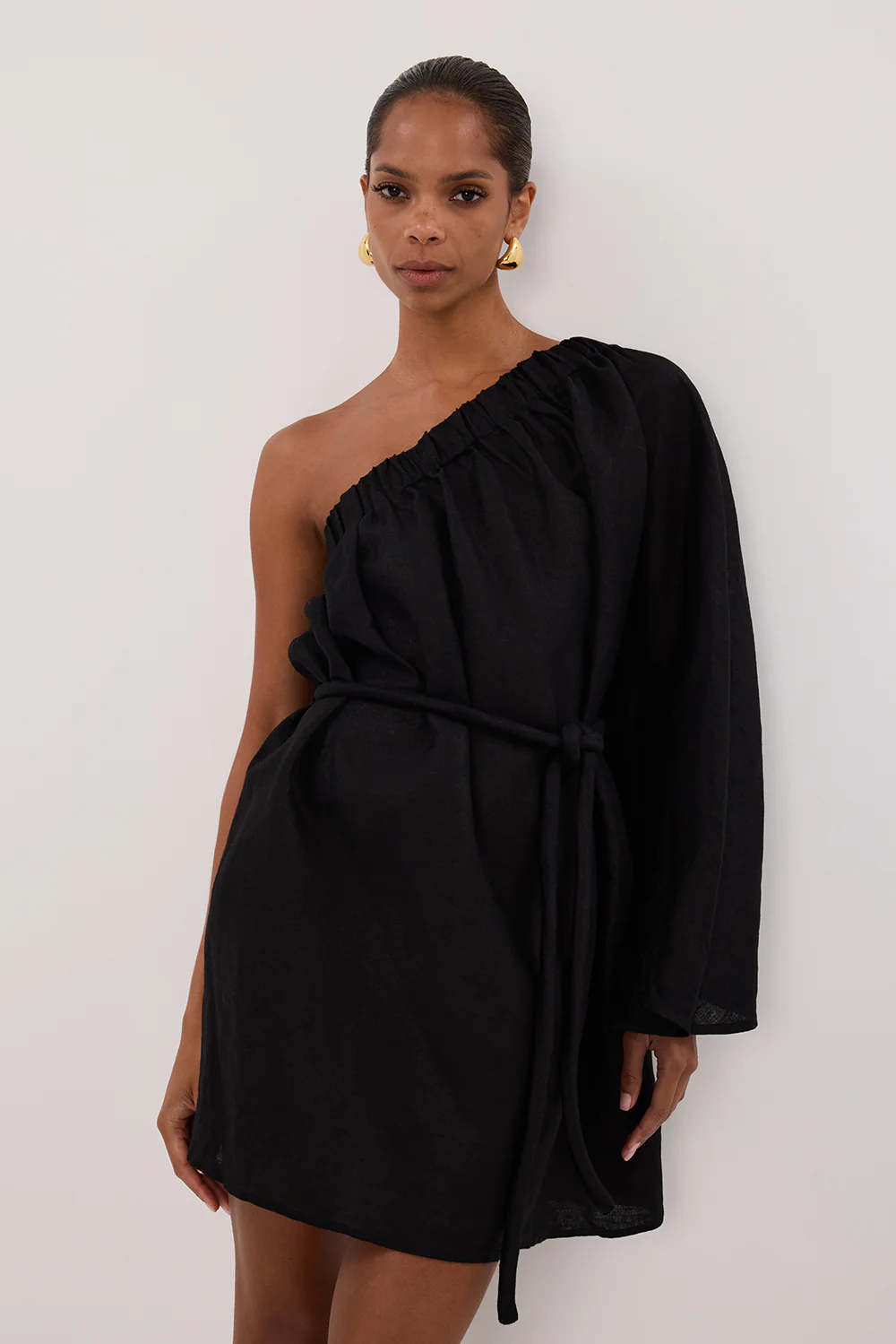 AURELIA BLACK ASYM LINEN MINI DRESS - Yukikoi