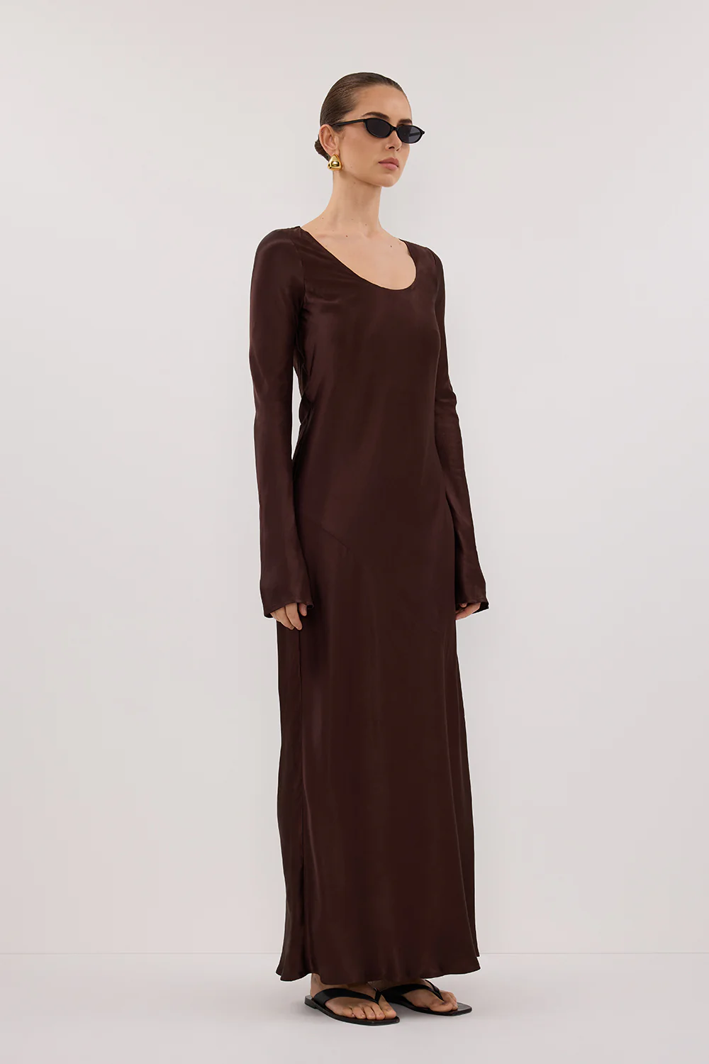 ELOISE BITTER CHOC LONG SLEEVE SATIN MIDI DRESS - Yukikoi