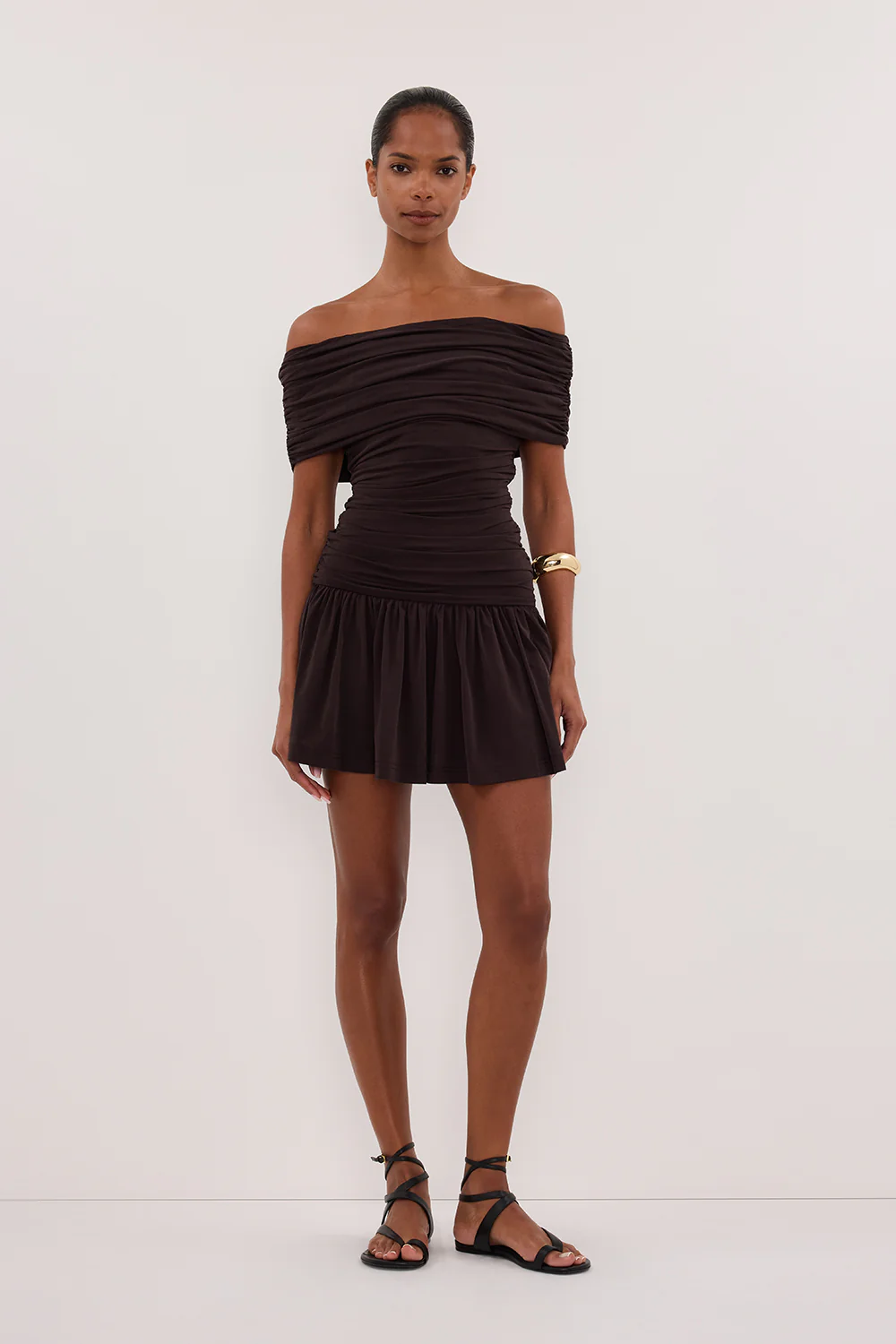FEZ BURNT CHOC OFF SHOULDER MINI DRESS - Yukikoi