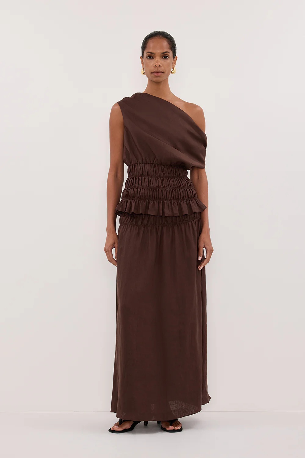 MAIA COCOA LINEN SHIRRED MIDI SKIRT - Yukikoi