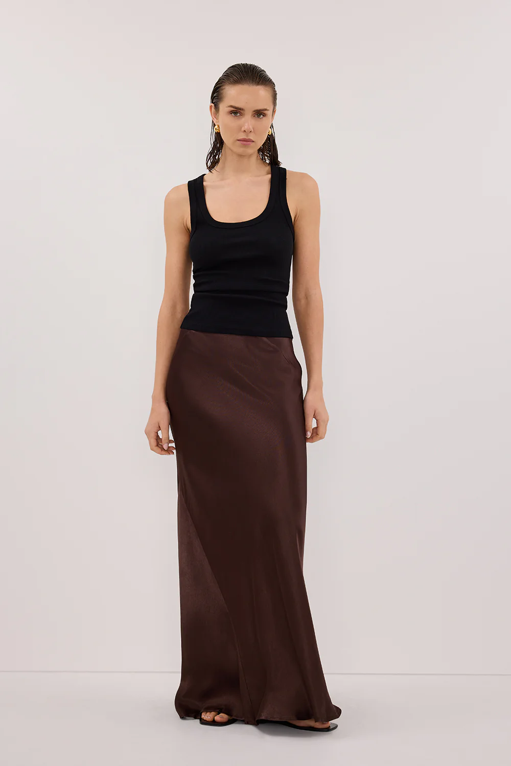 CHARLI BITTER CHOC SATIN MAXI SKIRT - Yukikoi