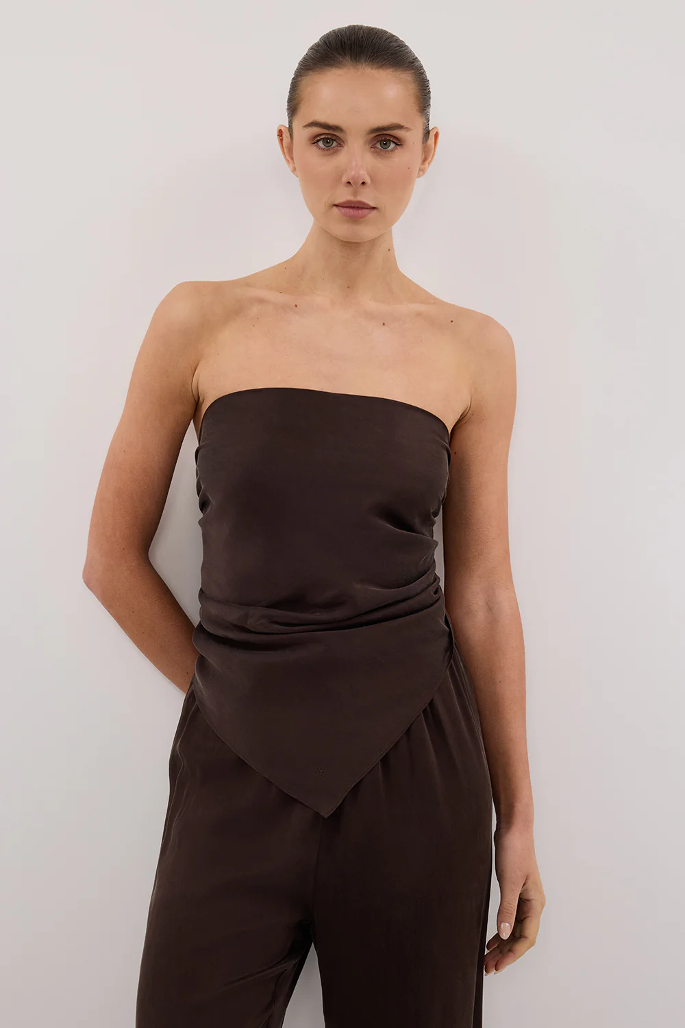 PERCY BITTER CHOC SILK SCARF TOP - Yukikoi