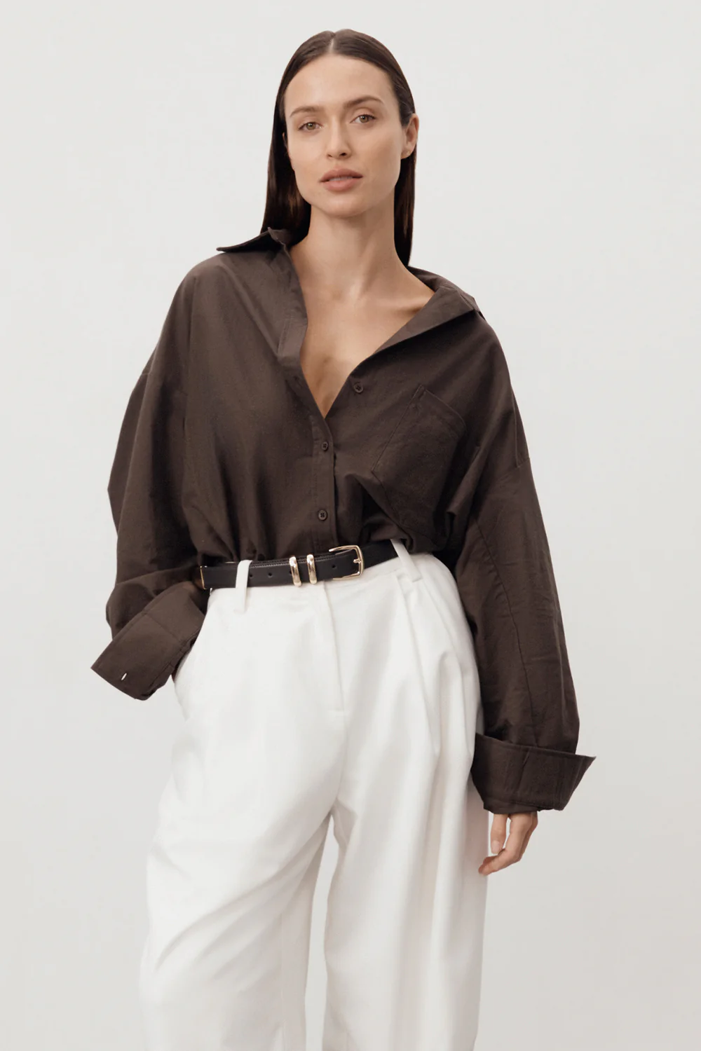 RHEA BITTER CHOC OVERSIZED COTTON SHIRT - Yukikoi