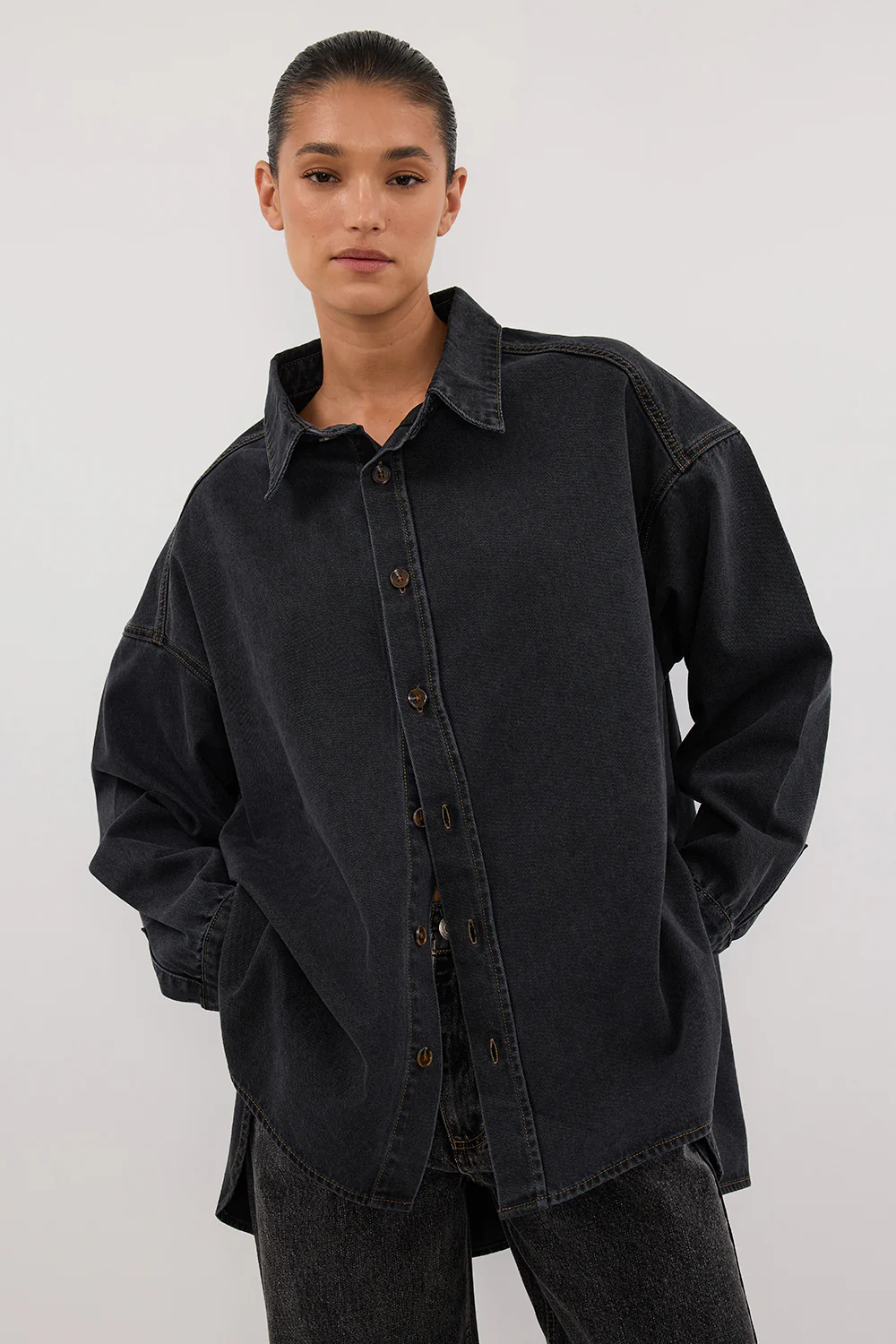 ASHTON WASHED BLACK OVERSIZED DENIM SHIRT - Yukikoi