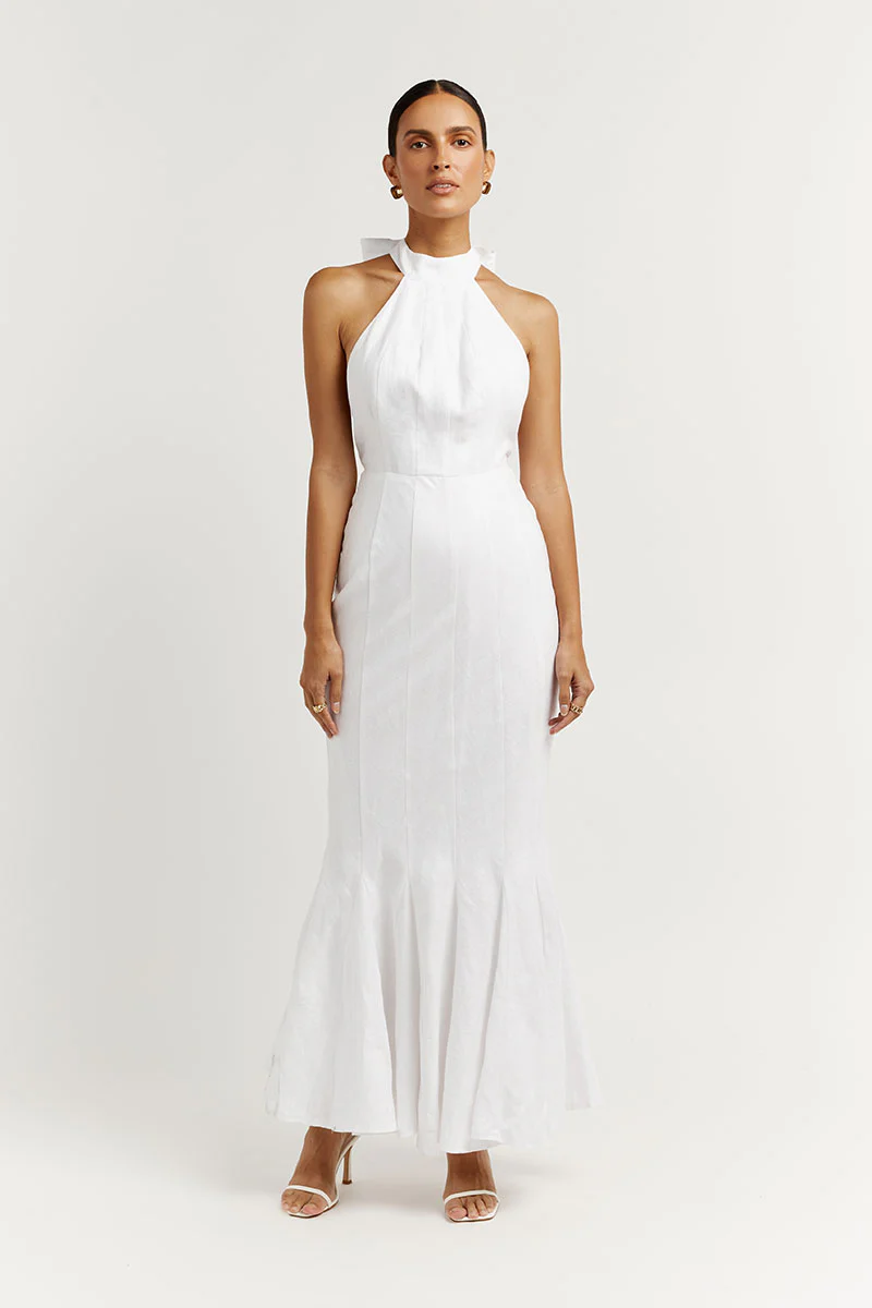 AISLE WHITE LINEN HIGH NECK DRESS - Yukikoi