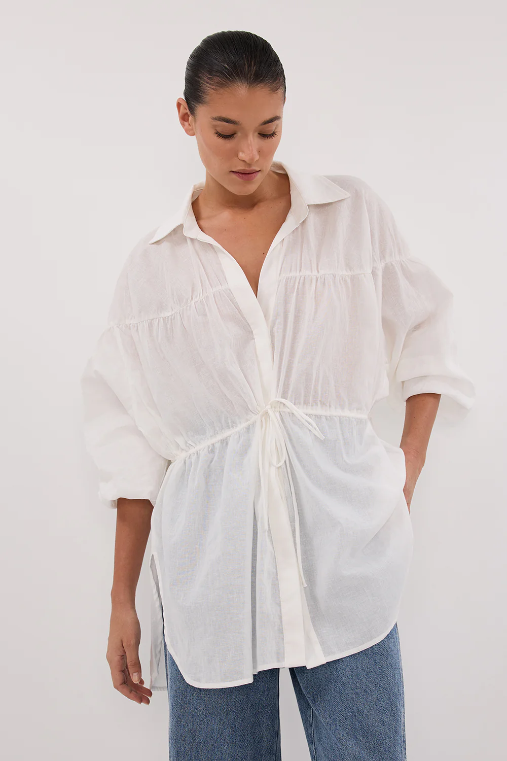 FLOYCE WHITE LINEN LONG SLEEVE TOP - Yukikoi