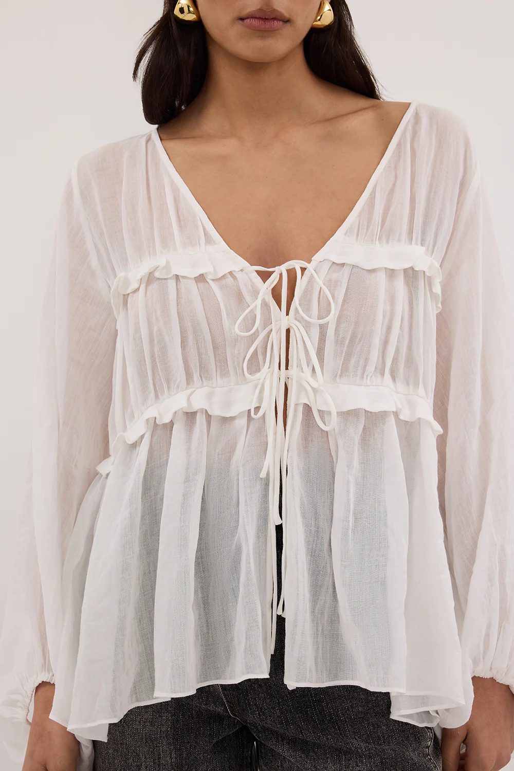 MILA WHITE RAMIE LONG SLEEVE FRILL TOP - Yukikoi