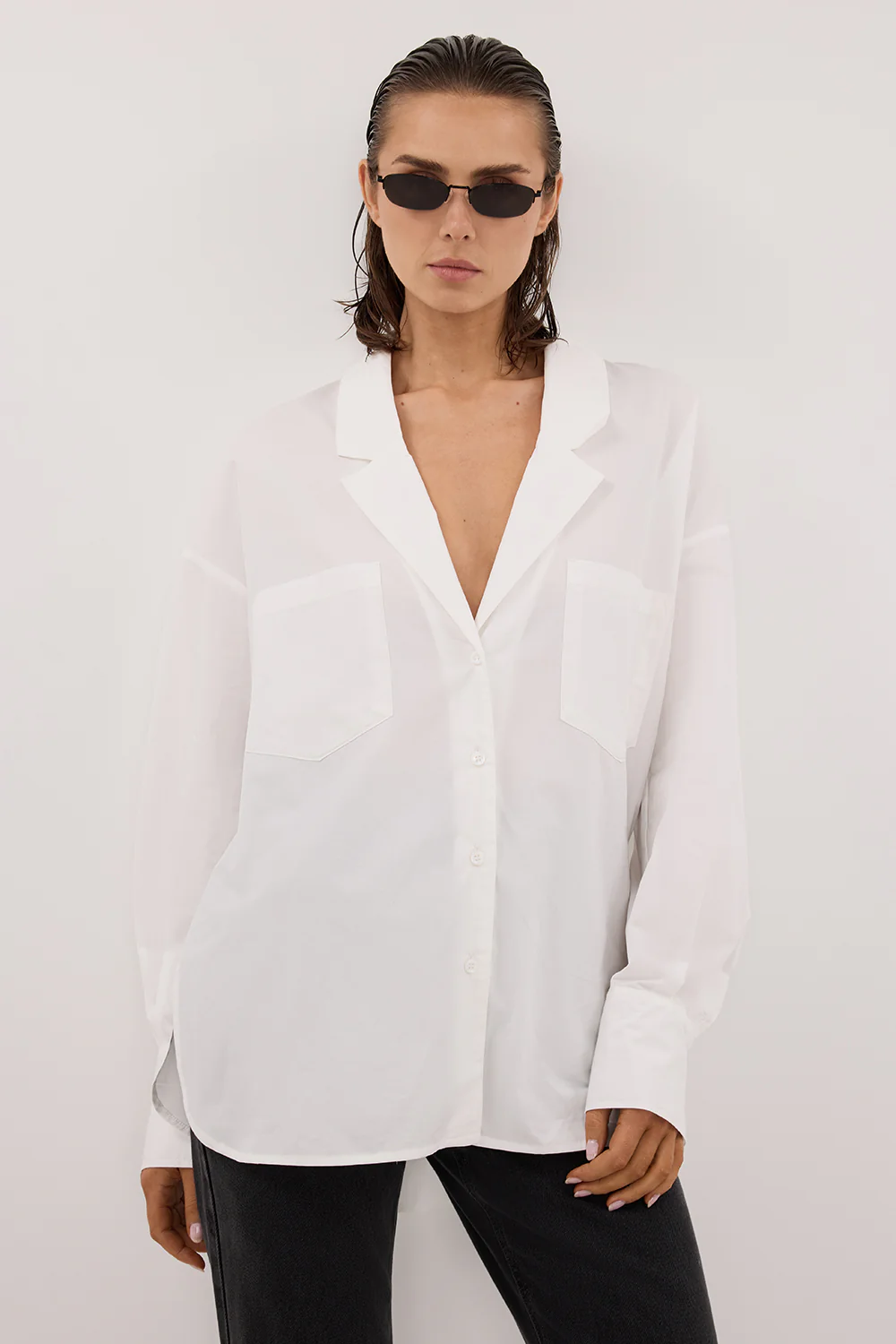 IRENE WHITE LONG SLEEVE NOTCH COLLAR SHIRT - Yukikoi