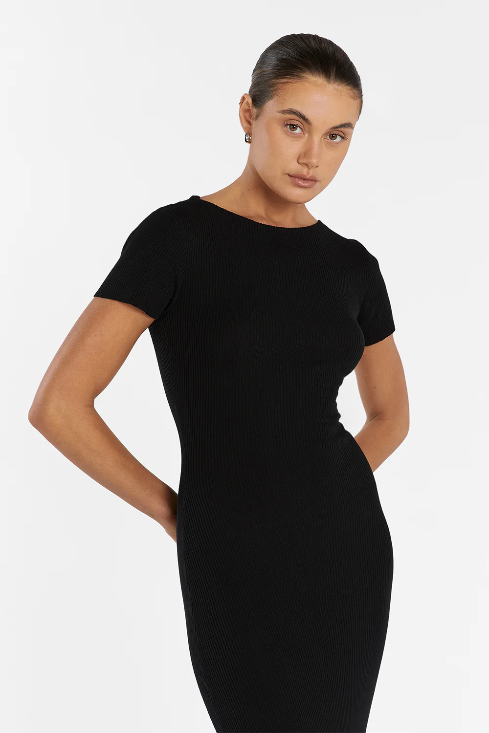 MAX BLACK BOAT NECK KNIT MIDI DRESS - Yukikoi