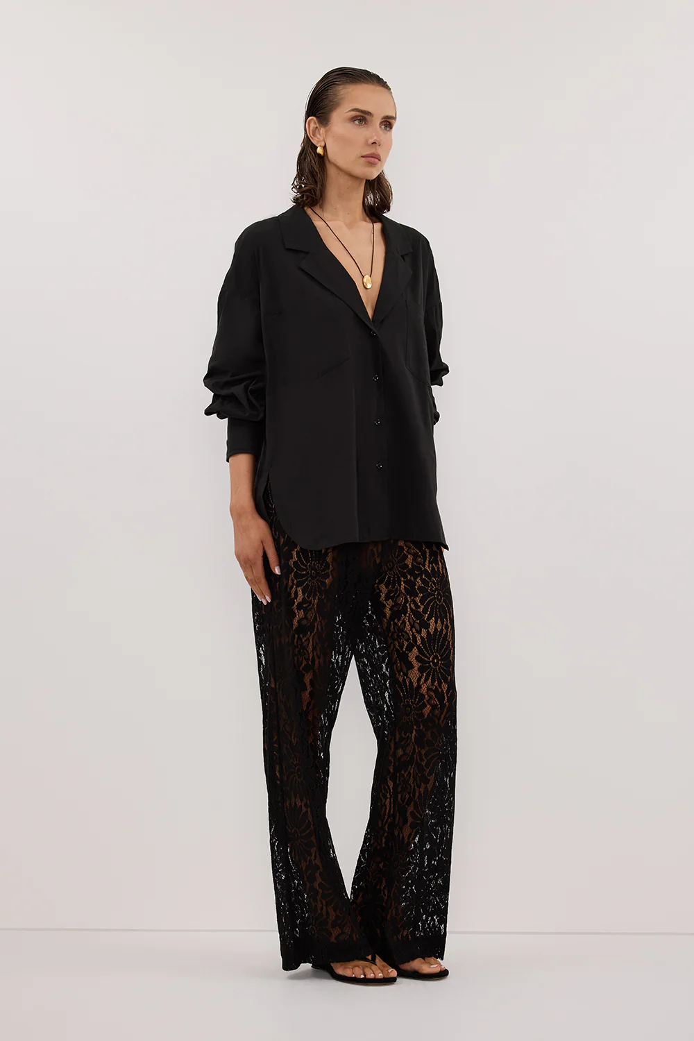 IRENE BLACK LONG SLEEVE NOTCH COLLAR SHIRT - Yukikoi