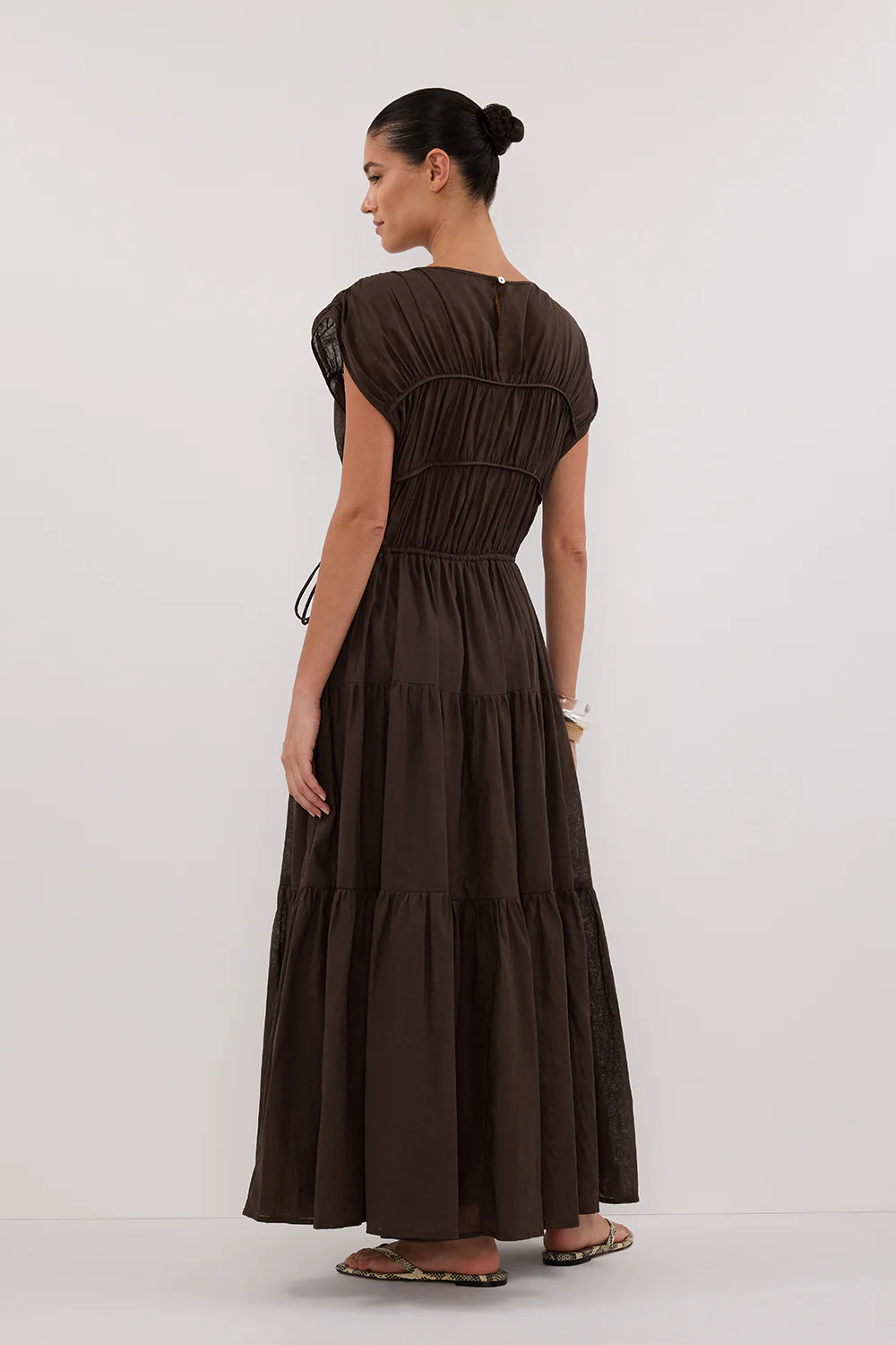 FLYNN BITTER CHOC LINEN BLEND MIDI DRESS - Yukikoi