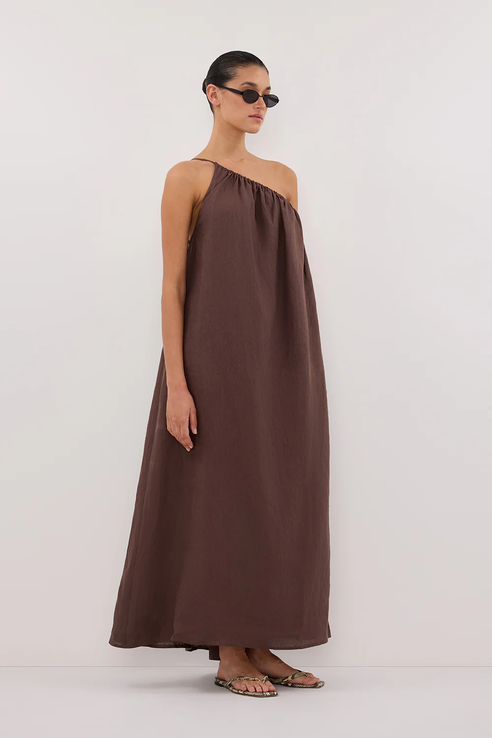 ALMA BITTER CHOC ASYM LINEN MIDI DRESS - Yukikoi