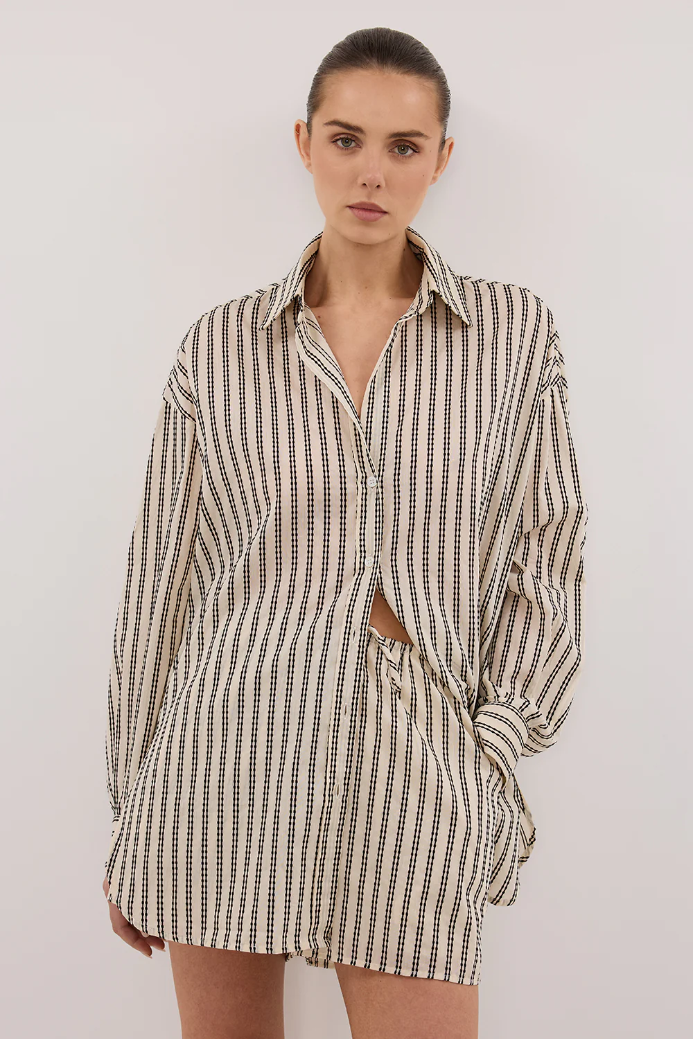ELLIE CREAM OVERSIZED LONG SLEEVE STRIPE SHIRT - Yukikoi