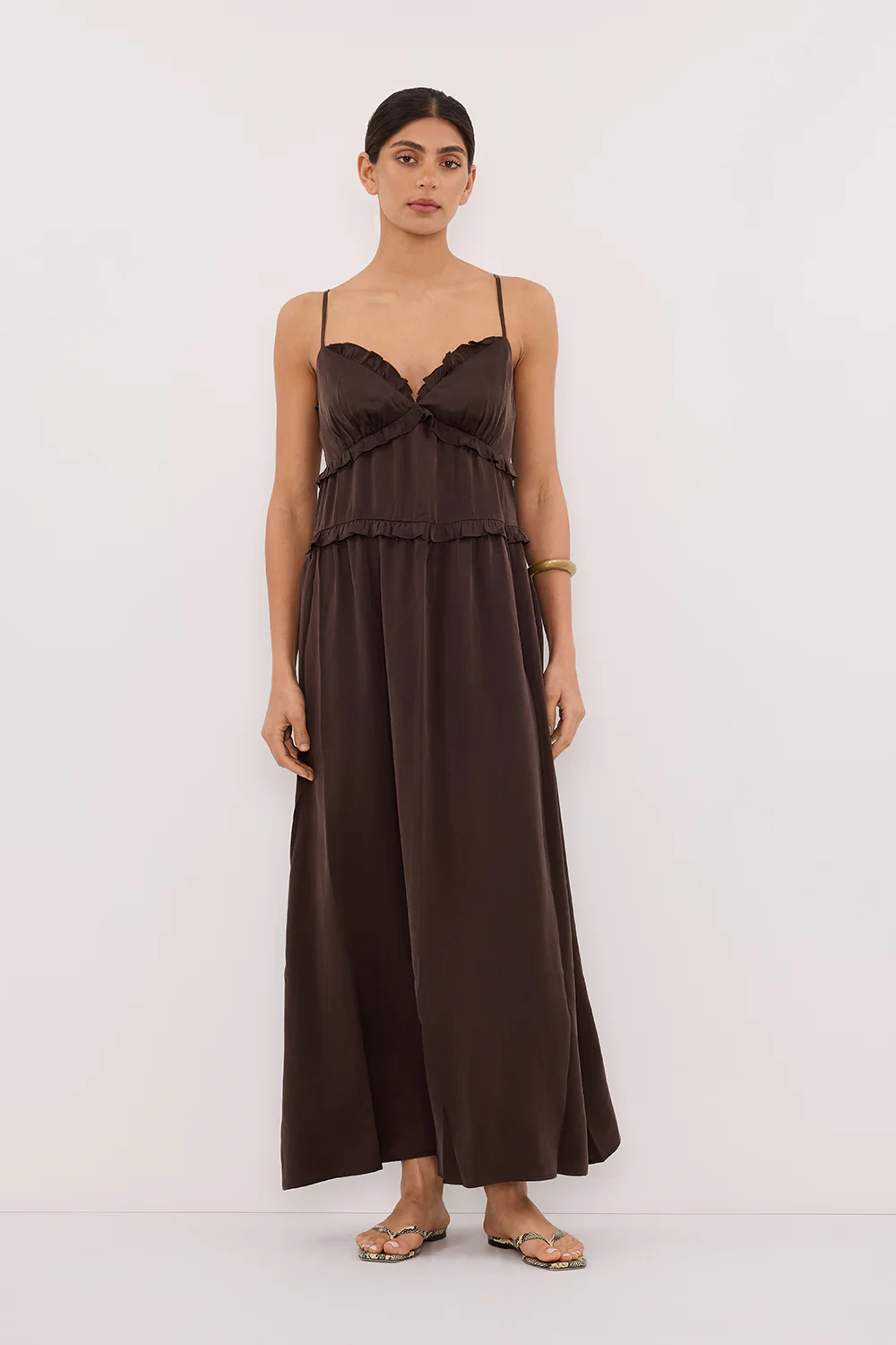 LENA BITTER CHOC SILK SLEEVELESS MAXI DRESS - Yukikoi