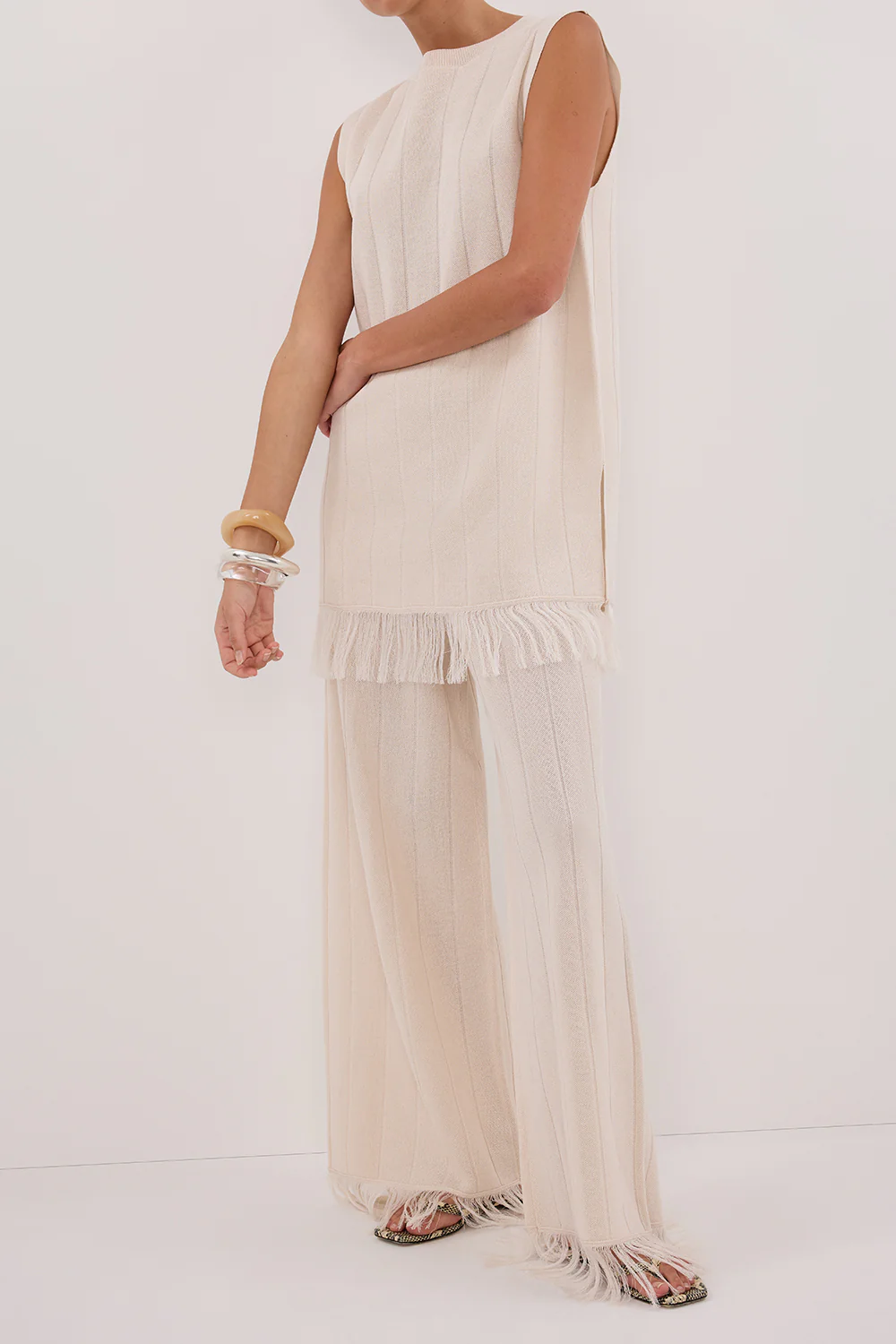 ARIA CREAM FRINGED KNIT PANT - Yukikoi